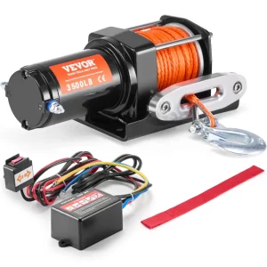Elektrický navijak, ťahová kapacita lana 1566 kg, 12V DC navijak pre štvorkolky/UTV s 12-pramenným syntetickým lanom Φ3/16 palca x 12 stôp, hliníkové vedenie, káblové diaľkové ovládanie, vodotesný IP55 na ťahanie UTV, štvorkoliek a lodí