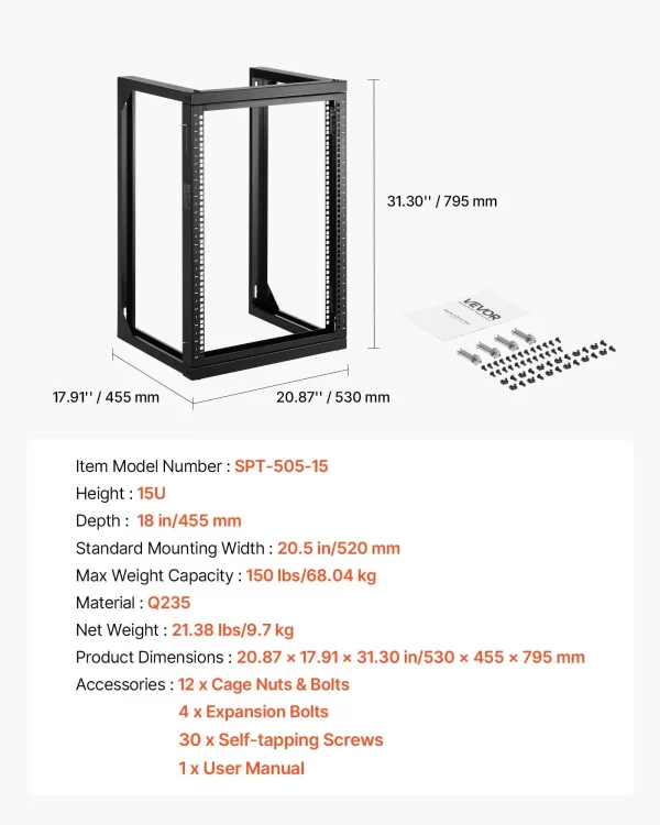 Nástenný serverový rack 15U, max. nosnosť 68 kg, sieťový rack s otvoreným rámom a dverami otvárajúcimi sa o 180 stupňov, uhlíková oceľ, pre 482 mm IT sieťové zariadenia a AV zariadenia, počítačové servery, čierny – Obrázok 5