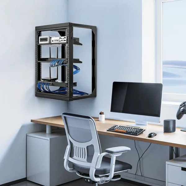 Nástenný serverový rack 15U, max. nosnosť 68 kg, sieťový rack s otvoreným rámom a dverami otvárajúcimi sa o 180 stupňov, uhlíková oceľ, pre 482 mm IT sieťové zariadenia a AV zariadenia, počítačové servery, čierny – Obrázok 3