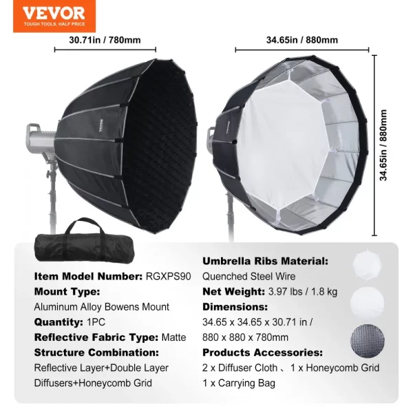 Parabolický softbox , 880 mm, osemuholníkový softbox s rýchlym uvoľnením a skladaním, ľahký a prenosný, pre držiak Bowens, 4 svetelné efekty, vhodný pre profesionálne fotografovanie, denné natáčanie – Obrázok 7