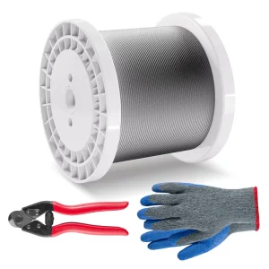 Sada oceľových lán, 3,18 mm x 305 m, lano z nehrdzavejúcej ocele 316 s nožnicami a rukavicami, pevnosť v ťahu 7,1 kN, 7 x 7 prameňov, stavebná trieda na zábradlia, schody, terasy, vonkajšie ploty