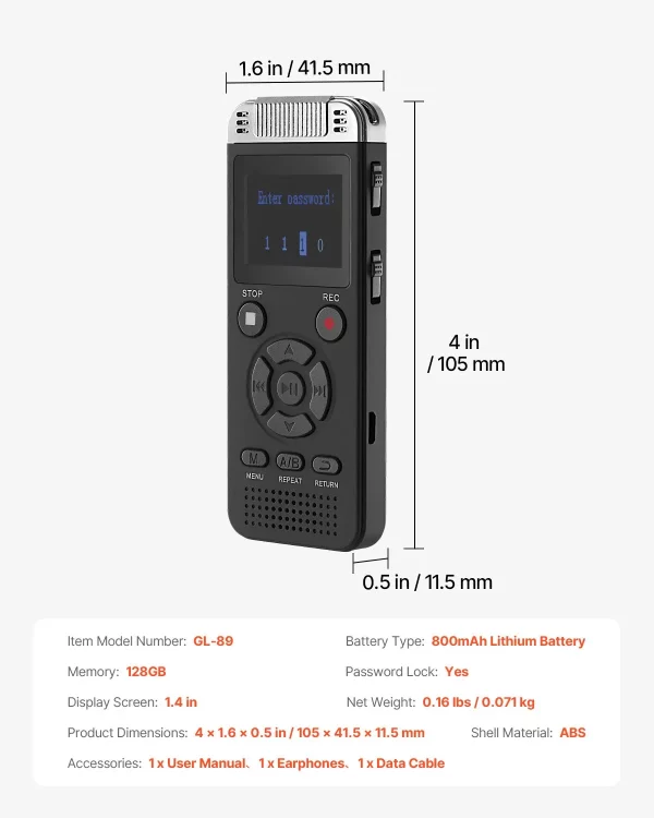 Digitálny hlasový záznamník , 128 GB, diktafón s prehrávaním, zvukový záznamník s heslom USB, pamäť 8730 hodín, 40 hodín nepretržitého nahrávania, na prednášky, stretnutia – Obrázok 5