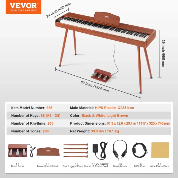 Digitálne piano , 88 klávesov, elektrické piano, duálna klaviatúra a reproduktor, štvornohý stojan na klavír so slúchadlami, 200 tónov a rytmov, podpora Bluetooth/USB/MIDI, pre začiatočníkov – Obrázok 5