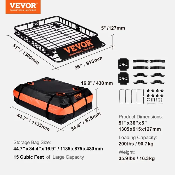 Strešný nosič univerzálny 1305 x 915 x 127 mm, vaňa na strešný nosič vrátane tašky, nosnosť 90 kg, zábradlia, nosič na batožinu, čierny na kempovanie, cestovanie atď. – Obrázok 7