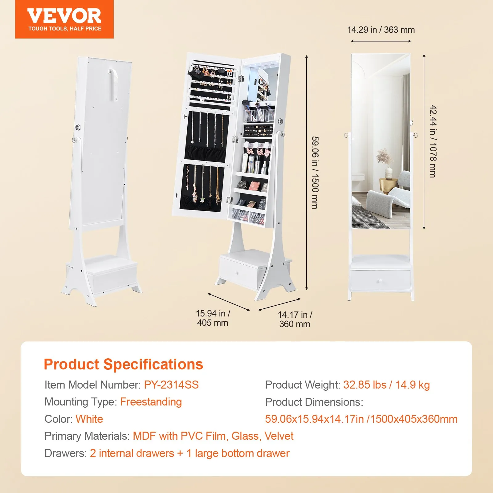 Šperkovnica so zrkadlom, stojace zrkadlo s úložným priestorom, uzamykateľný organizér na šperky so zrkadlom po celej dĺžke, zamatová podšívka, vnútorné LED osvetlenie a zásuvka, biela šperkovnica – Obrázok 6