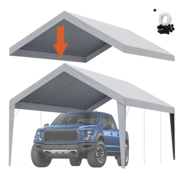 Garážový stan 3,6 x 6 m, strešný stan na garáž, prístrešok, vodeodolný a chránený pred UV žiarením, jednoduchá inštalácia pomocou upevňovacích popruhov, sivý (iba strešný kryt, rám nie je súčasťou balenia)