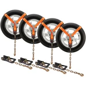 Sada upevňovacích popruhov pre kolesá, 5,08 x 243,84 cm, upevňovacie popruhy, preprava automobilov, 4-dielny systém upevňovania prívesov, nosnosť 2660 kg, štvorkolky, UTV, prívesy, príslušenstvo pre zakladacie kliny a upevňovacie popruhy, oranžová