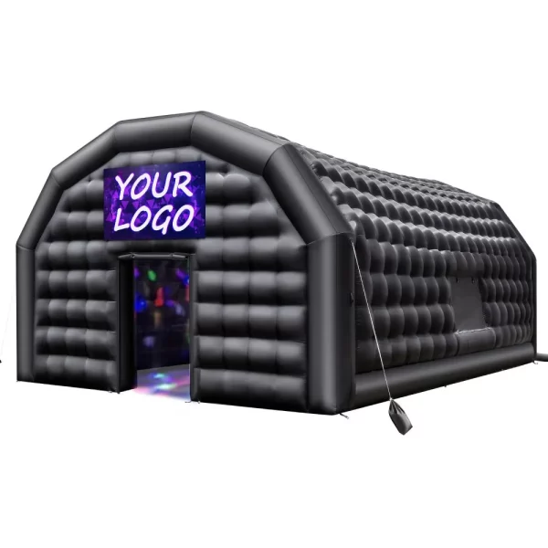 Nafukovací párty stan 9x6x4 m, kockový stan pre diskotéku, pavilónový svadobný stan s ventilátorom 1100 W, vrece s pieskom, 2 okná na akcie, narodeniny, svadby, čierny