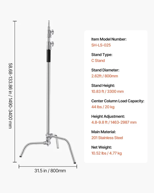 Stojan na lampu  C-Stand, max. výška 330 cm, stojan na fotografické svetlo z nehrdzavejúcej ocele s nastaviteľnou výškou od 1463 do 2987 mm, nosnosť 20 kg pre štúdiový softbox, monolight, reflektor – Obrázok 5