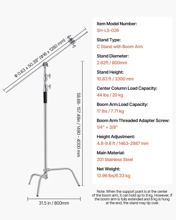 Stojan  C-Stand s ramenom, max. výška 330 cm, odolný stojan z nehrdzavejúcej ocele na fotografické svetlo s nastaviteľnou výškou od 1463 do 2987 mm, 2 úchopové hlavy pre štúdiové monolampy, softbox, reflektor – Obrázok 7