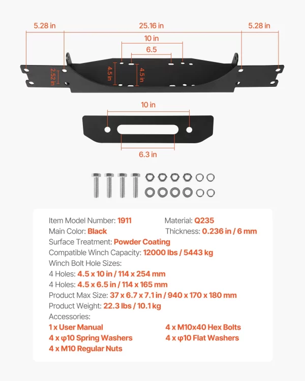 Držiak navijaka, nosnosť 5443 kg, montážna doska navijaka pre príves pre modely Jeep Wrangler JL/JLU a Gladiator JT 2018-2023, s 2-otvorovým upevnením, práškovo lakovaná oceľ, čierna – Obrázok 6