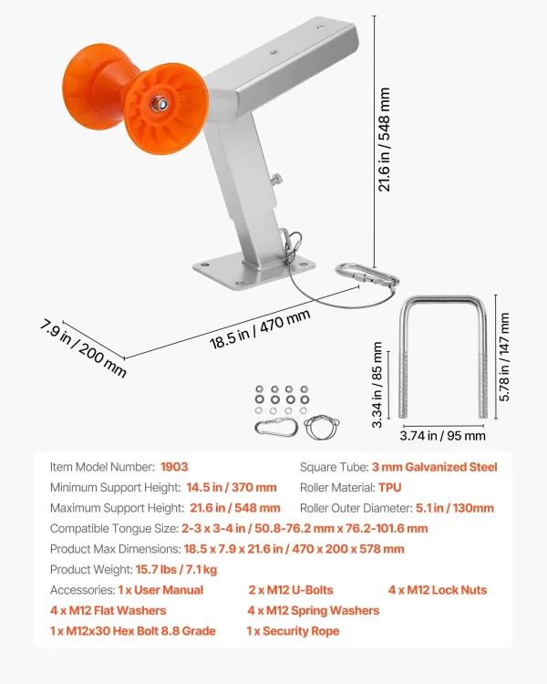 Sedadlo na príves s kolieskami, výškovo nastaviteľné 365 – 548 mm, veterný stojan s U-skrutkami pre ťažné zariadenie s rozmermi 50,8 – 76,2 mm Š x 76,2 – 101,6 mm V, vhodné pre vodný skúter, plachetnicu, rýchlostný čln – Obrázok 6