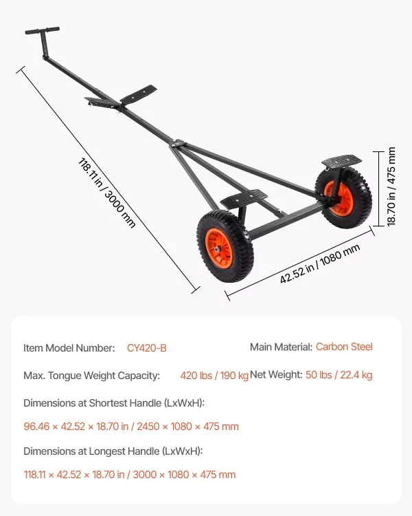 Prepravný vozík na príves na loď, manévrovací príves, nosnosť 190 kg, pneumatiky 40 cm, uhlíková oceľ, protišmykový držiak, na prepravu kajakov, motorových člnov a rybárskych lodí – Obrázok 6