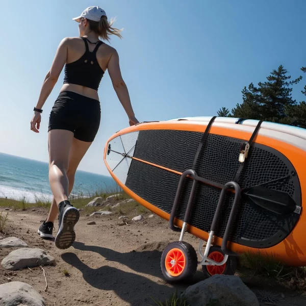 Prepravný vozík, 68 kg, Vozík na paddleboardy s 25,4 cm plnými gumovými pneumatikami, penová výplň, napínací popruh, ideálna prepravná pomôcka pre paddleboardy a surfboardy, 520 x 500 x 680 mm – Obrázok 6