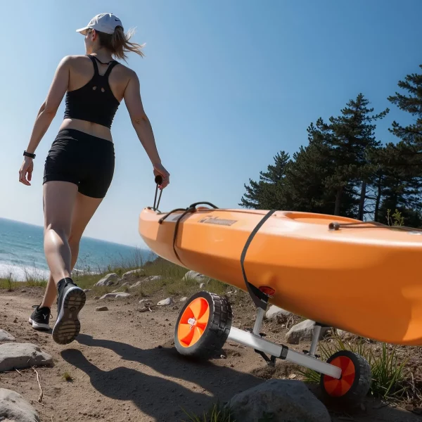 Kajakársky vozík, 113 kg, kanoistický vozík s pneumatikami 25,4 cm a upevňovacím popruhom, vozík na prepravu kajakov, kanoe, paddleboardov, člnov Jon a vybavenia pre vodné športy, 900 x 580 x 575 mm – Obrázok 6