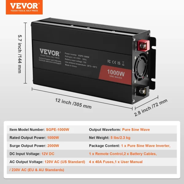 1000W menič napätia s čistým sínusovým signálom DC 12V na AC 230V s 1 AC zásuvkou, 1 USB portom, 1 portom typu C a diaľkovým ovládaním pre malé domáce spotrebiče, ako sú smartfóny a notebooky. – Obrázok 6