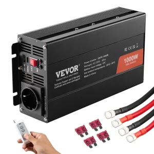 1000W menič napätia s čistým sínusovým signálom DC 12V na AC 230V s 1 AC zásuvkou, 1 USB portom, 1 portom typu C a diaľkovým ovládaním pre malé domáce spotrebiče, ako sú smartfóny a notebooky.