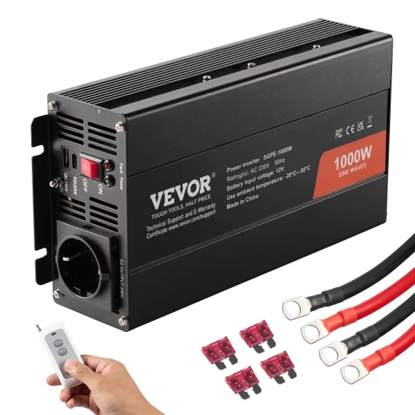 1000W menič napätia s čistým sínusovým signálom DC 12V na AC 230V s 1 AC zásuvkou, 1 USB portom, 1 portom typu C a diaľkovým ovládaním pre malé domáce spotrebiče, ako sú smartfóny a notebooky.