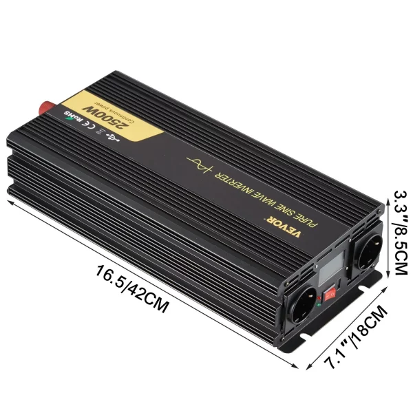 Menič napätia  230V, menič s čistým sínusovým napätím 2500W, GYS-2500W 12V DC čistý sínusový výkon, diaľkové ovládanie meniča s čistým sínusovým napätím a káblovým LCD displejom – Obrázok 5