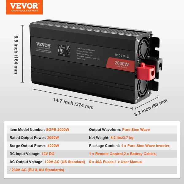 2000W menič sínusového napätia DC 12V na AC 230V s 2 AC zásuvkami, 2 USB portami, 1 portom typu C, LCD displejom a diaľkovým ovládaním pre stredne veľké domáce spotrebiče – Obrázok 6