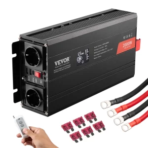 2000W menič sínusového napätia DC 12V na AC 230V s 2 AC zásuvkami, 2 USB portami, 1 portom typu C, LCD displejom a diaľkovým ovládaním pre stredne veľké domáce spotrebiče