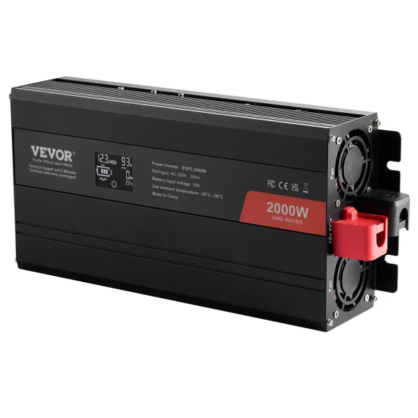 2000W menič sínusového napätia DC 12V na AC 230V s 2 AC zásuvkami, 2 USB portami, 1 portom typu C, LCD displejom a diaľkovým ovládaním pre stredne veľké domáce spotrebiče – Obrázok 3