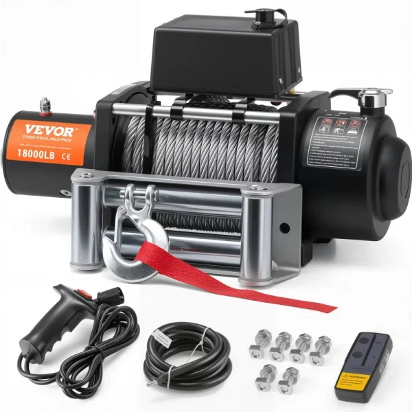 Elektrický navijak, 18 000 lb, 12V DC navijak pre nákladné vozidlá s oceľovým lanom Φ7/16 palcov x 85 stôp, bezdrôtové a káblové diaľkové ovládanie, vodotesný IP55 na ťahanie SUV, džípov, nákladných vozidiel, prívesov a lodí