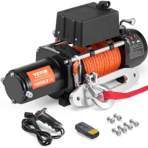 Elektrický navijak, 10 000 lb, 12V DC navijak pre nákladné vozidlá so syntetickým lanom Φ7/20 palcov x 65 stôp, hliníkovým vedením, bezdrôtovým a káblovým diaľkovým ovládaním, vodotesný s krytím IP55 na ťahanie SUV, džípov, prívesov a lodí.