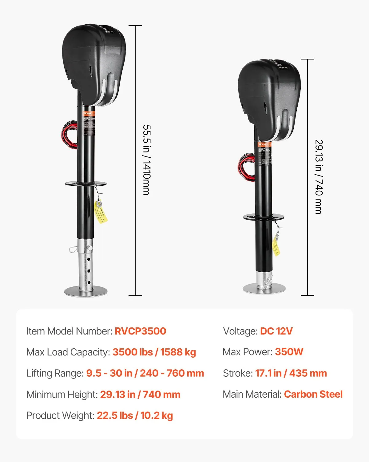 Elektrický zdvihák na príves, 1588 kg, vysokovýkonný zdvihák pre karavany s 2-cestným konektorom, pamäťovou funkciou, kľukou a krytom zdviháka, zdvih 240 – 760 mm, pre prívesy a obytné automobily – Obrázok 5
