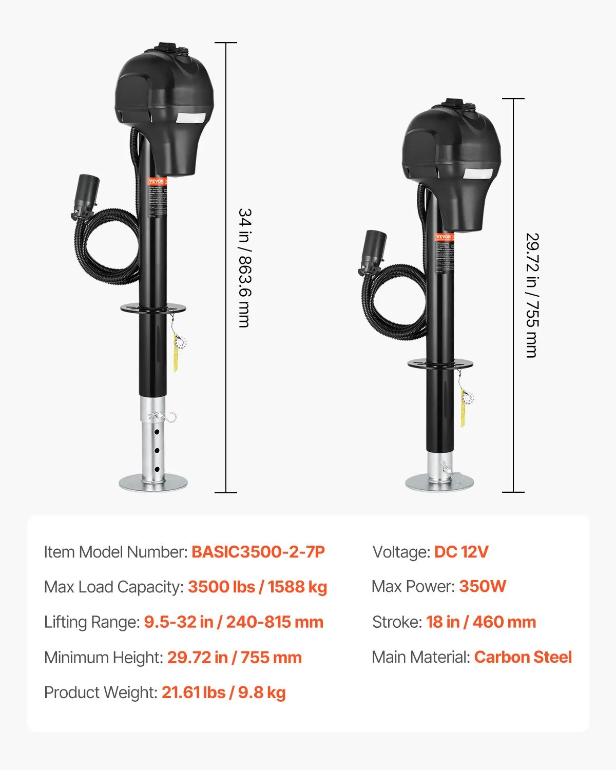 Elektrický zdvihák prívesu, 1588 kg, podpera pre ťažké prívesy so 7-kolíkovým konektorom, manuálna kľuka a kryt zdviháka, zdvih 240 – 815 mm, pre prívesy, obytné automobily a karavany, čierny – Obrázok 6