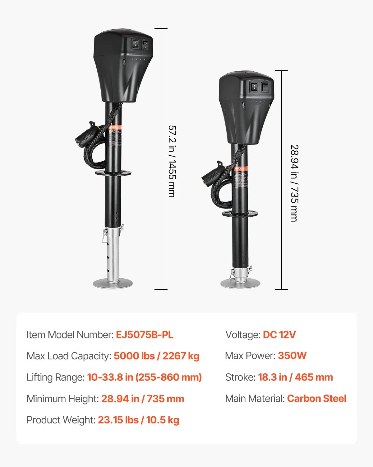 Elektrický zdvihák na príves, 2267 kg, podpera pre karavan so 7-kolíkovou zástrčkou, manuálna kľuka a kryt zdviháka, zdvih 255 – 860 mm, pre prívesy, obytné automobily a karavany, čierny – Obrázok 6