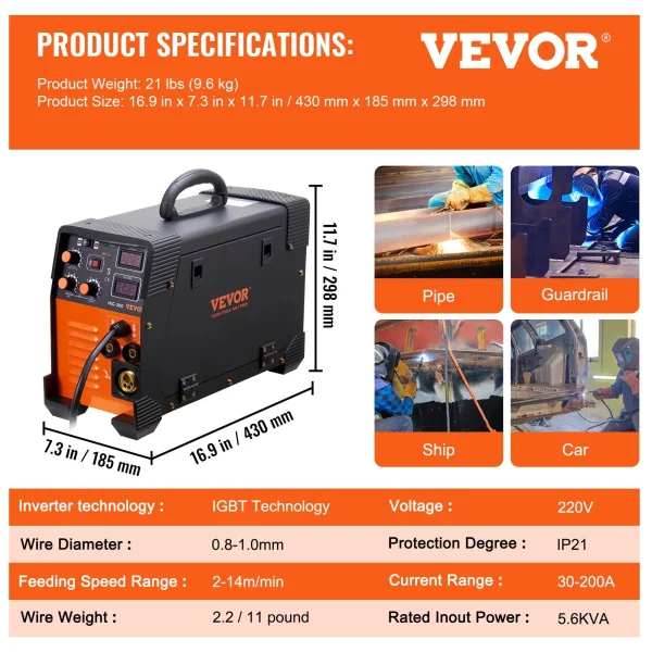 Zvárací stroj MIG/MMA/LIFT TIG 3 v 1, zváranie plneným drôtom 30 – 200 A (0,8 mm a 1 mm), technológia IGBT, rýchlosť drôtu 2,2 – 12 m/min, 200 A pri – Obrázok 6