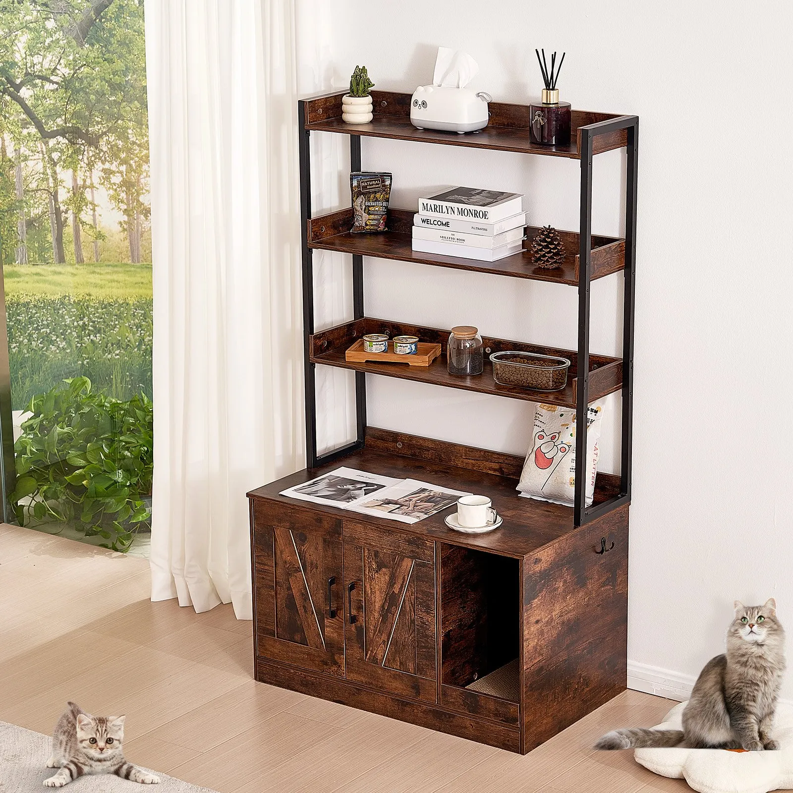 Kryt na mačaciu toaletu, skrytý nábytok do mačacej toalety s 3 policami, drevená vnútorná mačacia toaleta, veľká skrinka do mačacieho domčeka, skrytá, hodí sa do väčšiny mačacích toalet, 86,7 cm D x 49,7 cm Š x 147,2 cm V, tmavohnedá – Obrázok 6