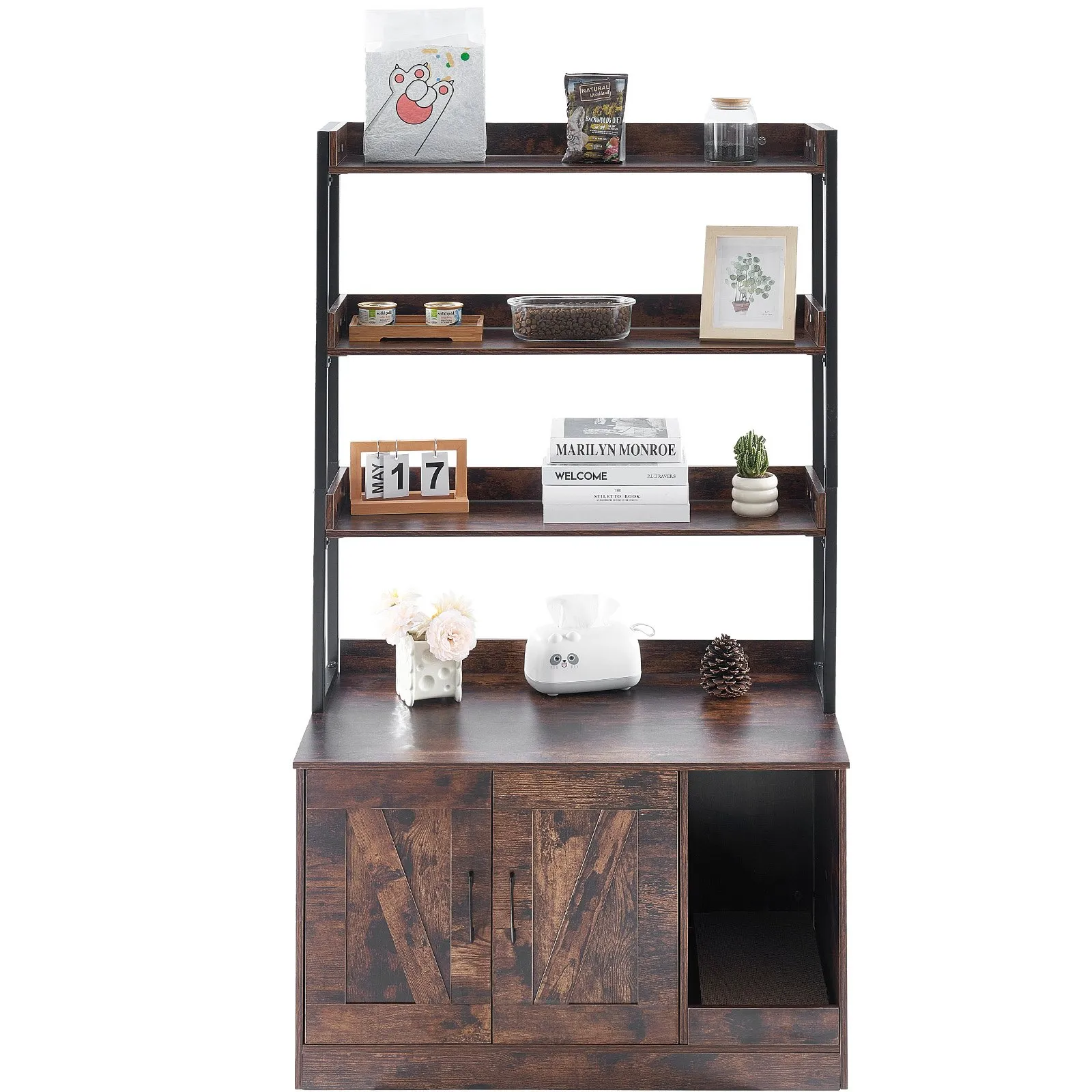 Kryt na mačaciu toaletu, skrytý nábytok do mačacej toalety s 3 policami, drevená vnútorná mačacia toaleta, veľká skrinka do mačacieho domčeka, skrytá, hodí sa do väčšiny mačacích toalet, 86,7 cm D x 49,7 cm Š x 147,2 cm V, tmavohnedá – Obrázok 4