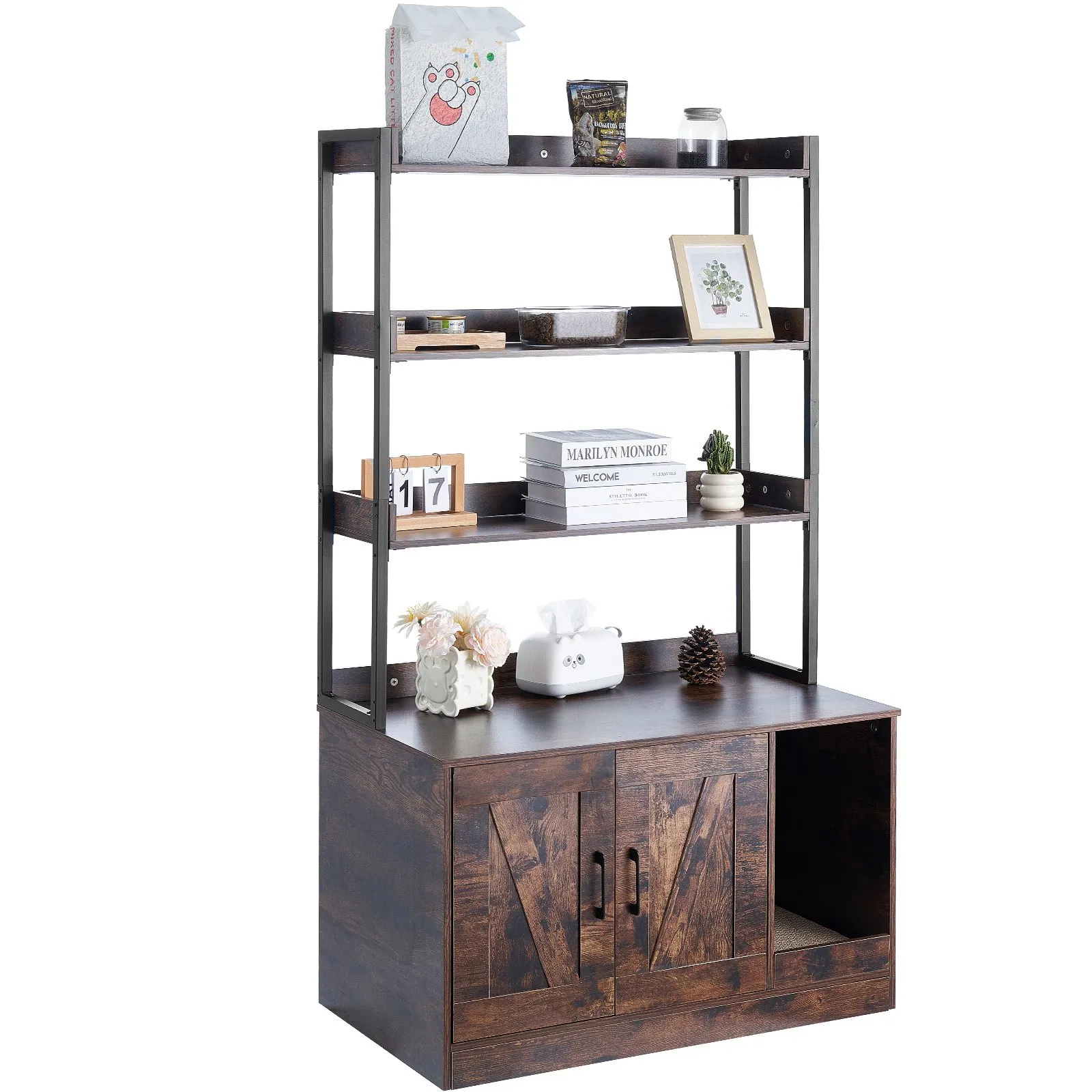 Kryt na mačaciu toaletu, skrytý nábytok do mačacej toalety s 3 policami, drevená vnútorná mačacia toaleta, veľká skrinka do mačacieho domčeka, skrytá, hodí sa do väčšiny mačacích toalet, 86,7 cm D x 49,7 cm Š x 147,2 cm V, tmavohnedá – Obrázok 3