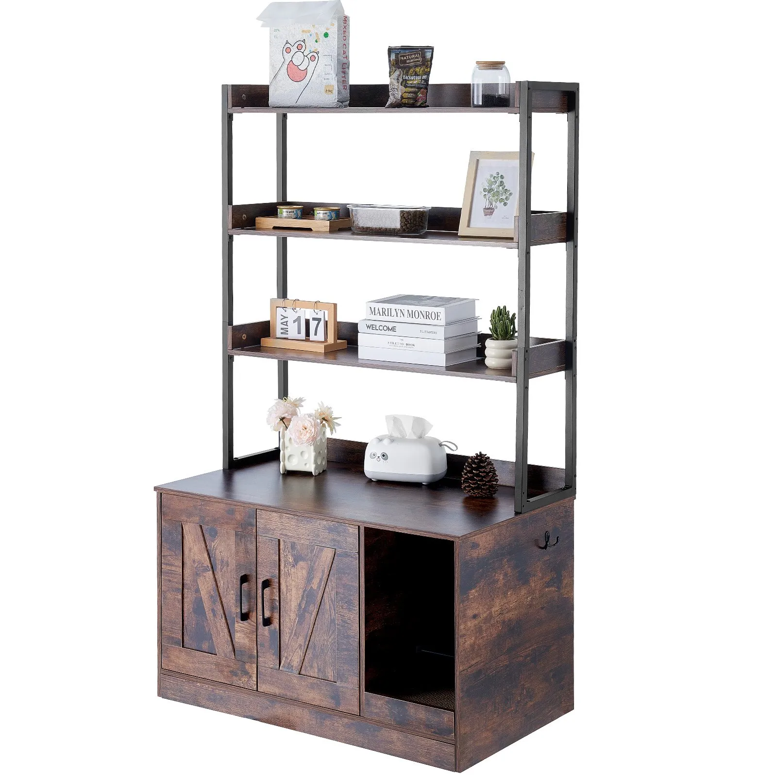 Kryt na mačaciu toaletu, skrytý nábytok do mačacej toalety s 3 policami, drevená vnútorná mačacia toaleta, veľká skrinka do mačacieho domčeka, skrytá, hodí sa do väčšiny mačacích toalet, 86,7 cm D x 49,7 cm Š x 147,2 cm V, tmavohnedá – Obrázok 5