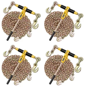 Napínače s račňovým mechanizmom s upevňovacími reťazami G80 10 mm x 6,1 m, sada 4 kusov, napínacia sila 4173 kg, upevnenie transportných reťazí, reťazové úväzy na zabezpečenie nákladu, preprava, plošinové prívesy