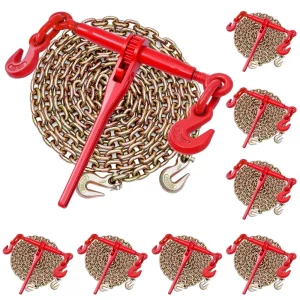 Napínače s račňovým mechanizmom s upevňovacími reťazami G80 10 mm x 3 m, sada 8 kusov, napínacia sila 4173 kg, reťazové viazače s 2 hákmi, upevnenie transportných reťazí, na zabezpečenie nákladu, preprava, plošinové prívesy