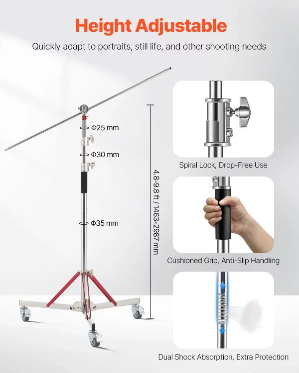 Štúdiový statív  s kolieskami, max. výška 320 cm, statív na lampu, stojan na svetlo, nastaviteľný statív vyrobený z nehrdzavejúcej ocele, fotografický statív s kolieskami, pre štúdiový softbox, monosvetlo, snímanie s reflektorom – Obrázok 9