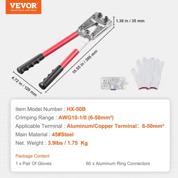 Krimpovacie kliešte, Kliešte na káblové oká 6-50 mm², Krimpovacie kliešte na batériové káble 10-1/0 AWG pre krimpovacie kliešte na batériové svorky, Krimpovací nástroj so 6 veľkosťami, Krimpovacie kliešte na medené očká Lisovacie kliešte Kliešte na rúrkové káblové oká – Obrázok 3