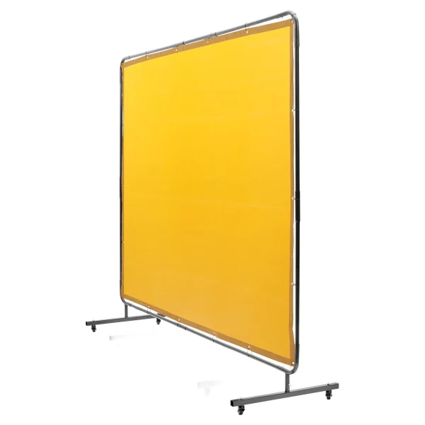 Zváračská clona 1,8 x 2,4 m, vinylová zváračská štítka s ohňovzdornou úpravou, 4 otočnými kolieskami a 6-úrovňovou UV ochranou, žltá, ochranná deka proti zváraniu – Obrázok 2