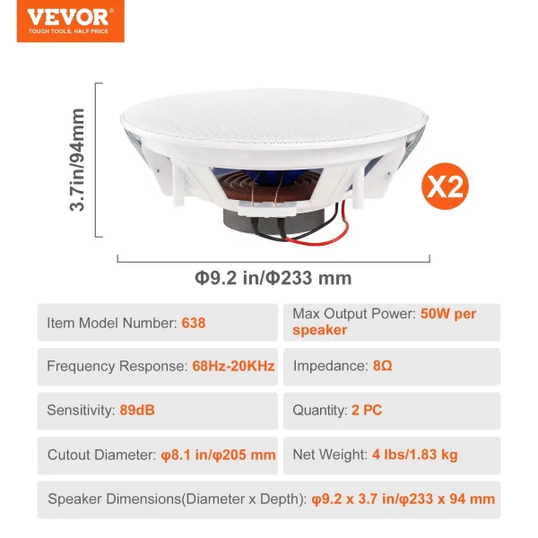 Sada 2 stropných reproduktorov  20 cm, 50W stropný a nástenný reproduktorový systém s impedanciou 8Ω a citlivosťou 89 dB, pre domácnosť, kuchyňu, obývačku, spálňu alebo krytú verandu – Obrázok 5