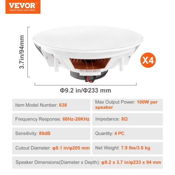 Balenie 4 stropných reproduktorov  s priemerom 20 cm, 100 W stropný a nástenný reproduktorový systém s impedanciou 8 Ω a citlivosťou 89 dB, pre domácnosť, kuchyňu, obývačku, spálňu alebo krytú verandu – Obrázok 5