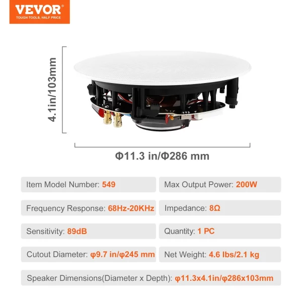 Stropný reproduktor  20 cm, 200 W, stropný a nástenný reproduktorový systém s impedanciou 8 Ω a citlivosťou 89 dB, do kuchyne, obývačky, spálne alebo krytej verandy – Obrázok 6