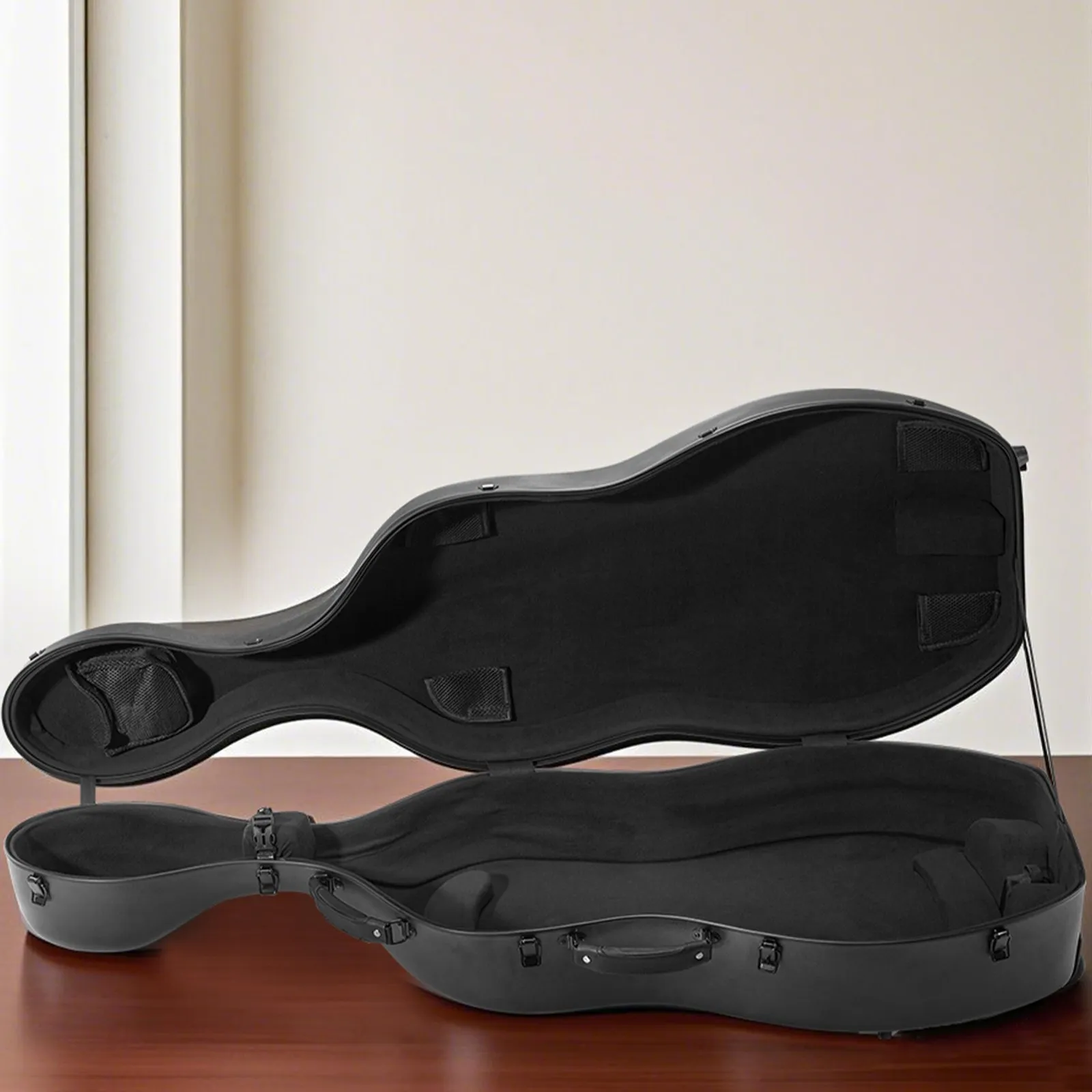 Puzdro na violončelo 4/4 Full Size, prenosné cestovné puzdro z kompozitných uhlíkových vlákien s mäkkou podšívkou, dva ramenné popruhy, odolné voči poškriabaniu, profesionálny tvar violončela, pre violončelo, čierne – Obrázok 2