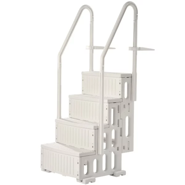 Bazénový rebrík, plastové schody k bazénu s 2 zábradlím, 4 protišmykové schody, nosnosť 180 kg, schody k bazénu pre zapustené bazény 122 – 137 cm, terasa, dom, vnútorný, vonkajší, biely