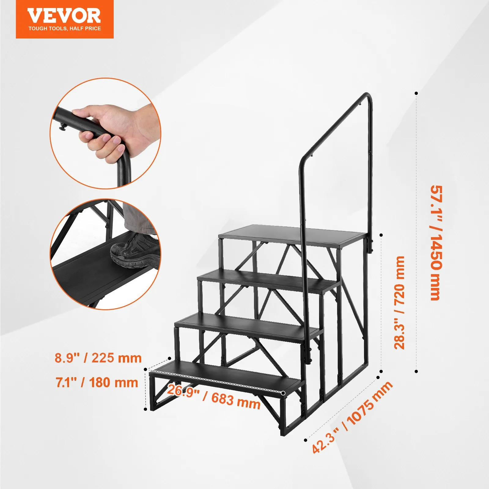 Schody pre obytné vozidlá, 4-stupňové schody pre obytné vozidlá, nosnosť 200 kg, zosilnená uhlíková oceľ, so zábradlím, protišmykové schody pre bezpečný vstup a výstup, vhodné pre obytné vozidlá, prívesy – Obrázok 5