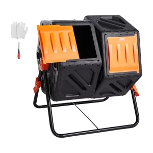Otočný kompostérový bubon 140 l, Otočný dvojkomorový bubnový kompostér 785 x 605 x 795 mm, Nosná záhradná kompostovacia nádoba s nosnosťou 40 kg vrátane rukavíc
