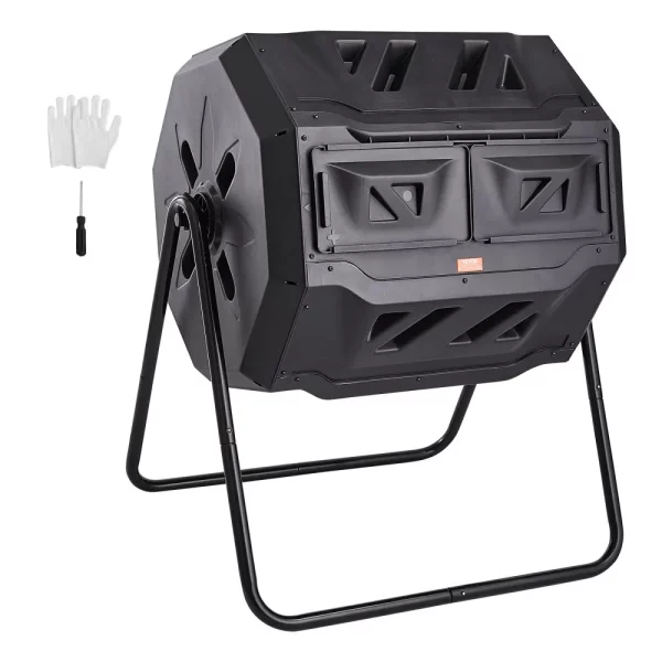 Otočný kompostérový bubon 162,7 l, Otočný dvojkomorový bubnový kompostér 735 x 625 x 955 mm, Nosná záhradná kompostovacia nádoba s nosnosťou 50 kg vrátane rukavíc