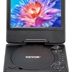 Prenosný DVD prehrávač s otočnou HD obrazovkou (178 mm), vstavaná 4-hodinová batéria, 2 reproduktory, podpora synchronizácie TV/USB/SD karty/CD/DVD, nabíjačka do auta, čierna